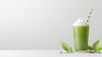 Refreshing green smoothie topped with cream, garnished with leaves, perfect for healthy lifestyles and vibrant energy.