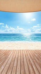 Obraz premium Summer Beachside Remote Work Setup of A tranquil beachfront view featuring clear blue skies, gentle waves, and soft sandy shores inviting relaxation and escape.