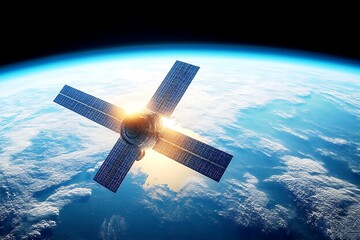 Obraz premium Satellite orbiting Earth with solar panels reflecting sunlight seamlessly looping 4k time-lapse animation video background. Space concept