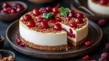 Delicious No-Bake Cheesecake with Fresh Berries and Crumb Topping Sits Beautifully on a Plate
