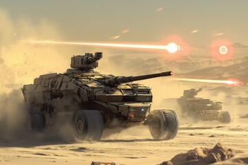 Military vehicles engage in a desert combat scenario with lasers in the background