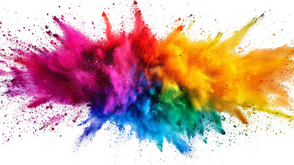 A burst of colorful powder creates a beautiful, vivid display against a bright white background, A photo of colorful bright rainbow holi paint color powder explosion isolated on white background. 