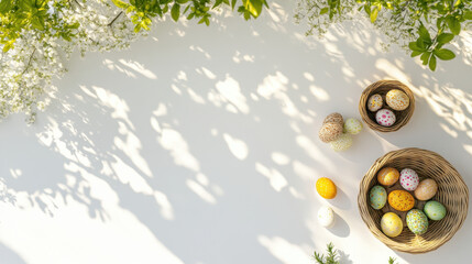 Easter eggs in baskets under dappled leaf shadows.