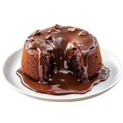 A rich chocolate cake with molten center, drizzled in chocolate sauce, served on a white plate.