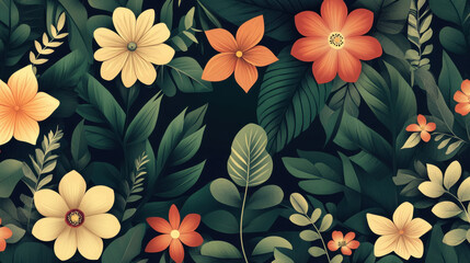 Colorful floral pattern with green foliage.