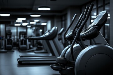 Modern gym interior showcasing fitness equipment in low lighting during evening hours