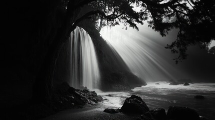 Sunlit Waterfall in Forest, Dramatic Light, Nature Photography