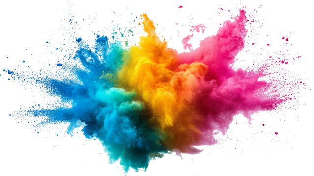 A burst of colorful powder creates a beautiful, vivid display against a bright white background, A photo of colorful bright rainbow holi paint color powder explosion isolated on white background. 