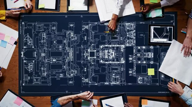 Creative brainstorming session around architectural blueprints in a modern workspace