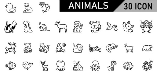 Minimalist Animal Icon Pack | 30 Outline Vector Icons, Editable stroke. 