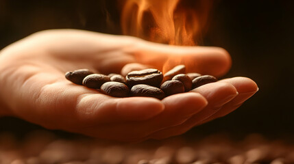 Hand Holds Roasted Coffee Beans with Warm Smoke Gently Rising Above