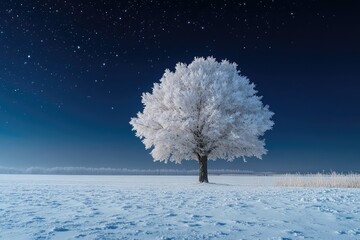 A lone snow-covered tree standing tall in a vast, open winter field, under a clear, starry winter night sky