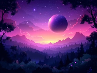 Naklejka premium Pixel art landscape depicting a purple and pink sunset over a mountain range, with a large purple planet visible in the sky. The scene is framed by