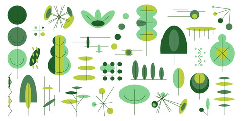 Set of bauhaus geometric trees and leaves, flat design element, natural botanical collection of abstract plants, decorative art, banner, wallpaper © Lidiia Shapoval