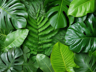 Fototapeta premium Lush tropical foliage showcasing vibrant green leaves and ferns in a serene natural setting