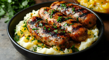 Grilled Sausages Served on Creamy Mashed Potatoes with Gravy in Black Bowl Beautifully Garnished with Parsley