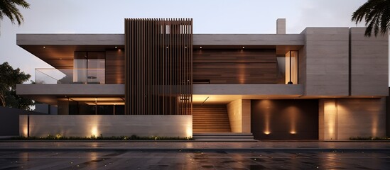 Modern architectural design of a luxury home at dusk with ambient lighting and palm trees