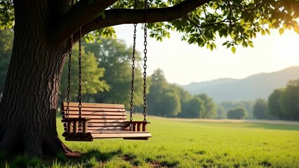 Serene Wooden Swing Hanging From A Mighty Oak Tree In A Lush Green Meadow With Rolling Hills And A Warm Sunset In The Background