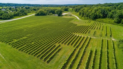 Aerial view of a vineyard with perfectly aligned rows of grapevines stretching into the distance, creating a picturesque agricultural landscape