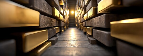 risk management control tools concept. Golden bars stacked in a dimly lit corridor.
