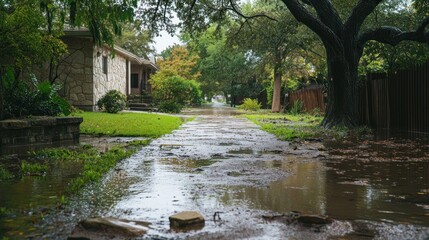 Naklejka premium Flooded Suburban Street After a Heavy Rainstorm