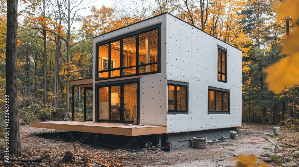 Poster elegant design of a two-story house surrounded by trees in brilliant fall colors. warm light spills 