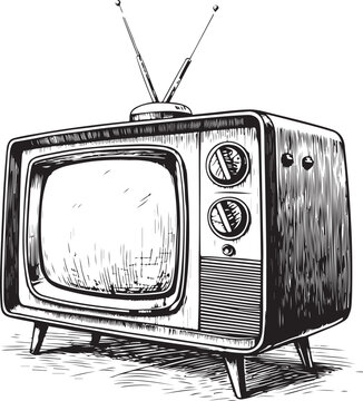 recommend clip art: Retro Vintage TV Set Television Sketch Drawing Engraving Line Art Black and White Linear Vector Illustration, Isolated