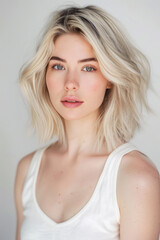 Fototapeta premium A beautiful young woman with short wavy blonde hair and natural makeup, wearing a white tank top. Lifestyle 