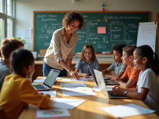 Profesora de programación enseñando a niños
