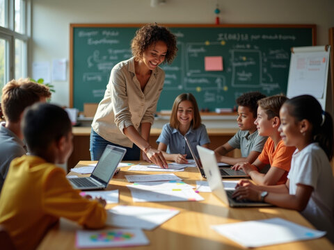 Profesora de programaci&oacute;n ense&ntilde;ando a ni&ntilde;os
