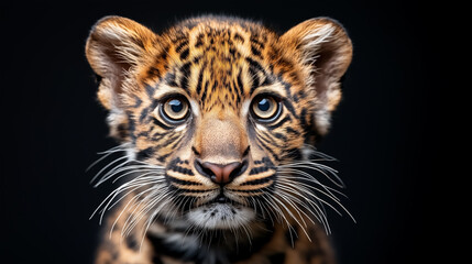 Obraz premium A striking close-up of a young jaguar cub, with bright eyes and distinctive spotted fur, set against a dark background