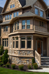Luxury Stone House Exterior: Modern Architecture and Elegant Design. Real Estate, Residential Property, Home Facade, Classic Structure, Masonry Walls, Landscaping
