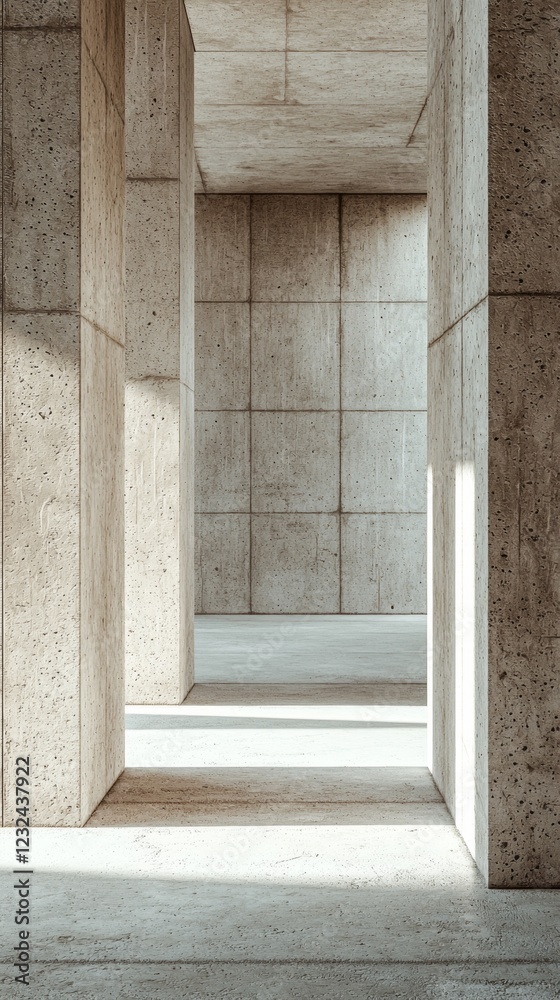 Poster natural light filters through the columns of a spacious environment, highlighting the raw texture of