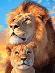 Majestic Lion and Cub in Beautiful Sunset Sky Portrait