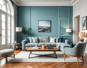 Interior elegante de salón verde azulado con detalles en gris
