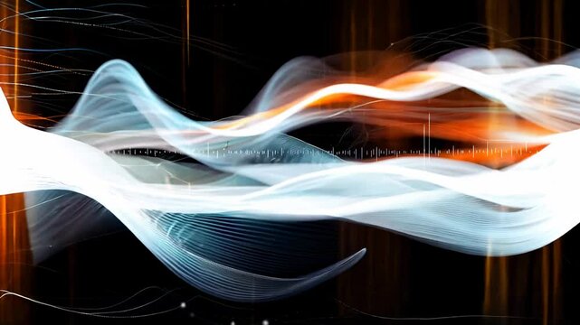 Abstract visualization of quantum waves and energy flow. Scientific representation of wave-particle duality in quantum mechanics.