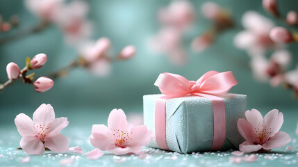 Gift Box Decorated with Pink Ribbon Sits Among Blooming Pink Flowers