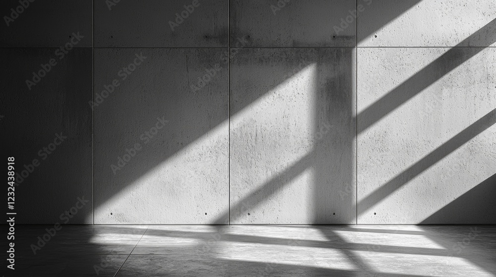 Poster Light streams through a window, casting bold shadows on the textured surface of a minimal white wall, evoking a tranquil yet dynamic atmosphere in the room