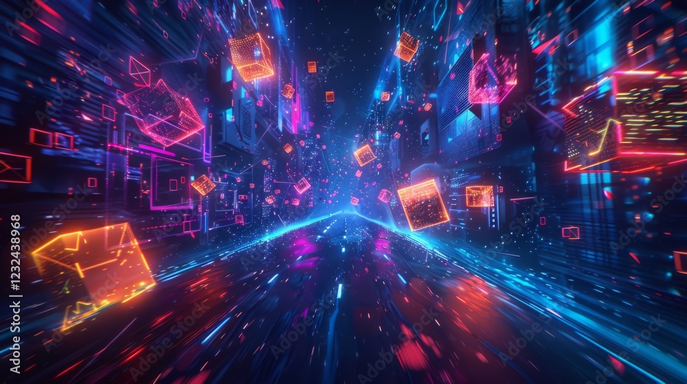Poster A futuristic tunnel filled with glowing neon cubes travels at high speed through a cyberspace landscape, creating a dynamic and immersive digital experience with bright colors.