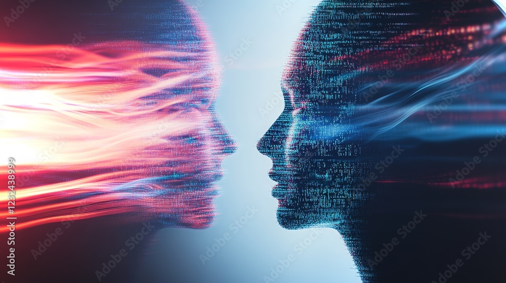 Poster exploring the intersection of technology and humanity through ai concepts in futuristic design