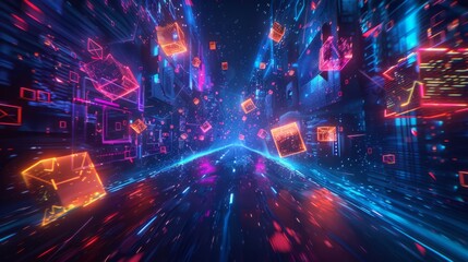 A futuristic tunnel filled with glowing neon cubes travels at high speed through a cyberspace landscape, creating a dynamic and immersive digital experience with bright colors.