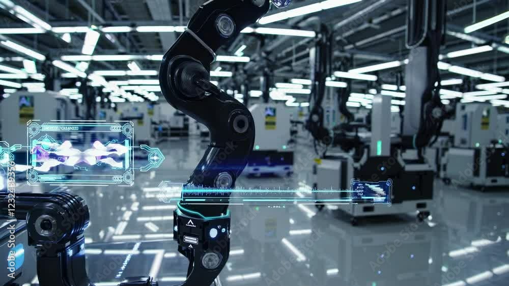Poster innovative robotic arm technology in a futuristic manufacturing facility with advanced automation sy