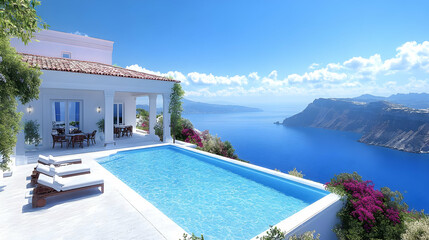 Fototapeta premium Luxury villa with infinity pool overlooks a stunning ocean view with distant mountains beautifully.