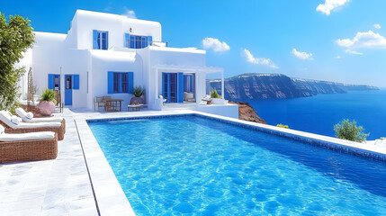 Luxury villa with infinity pool overlooks the stunning blue ocean and cliffs under a bright blue sky.