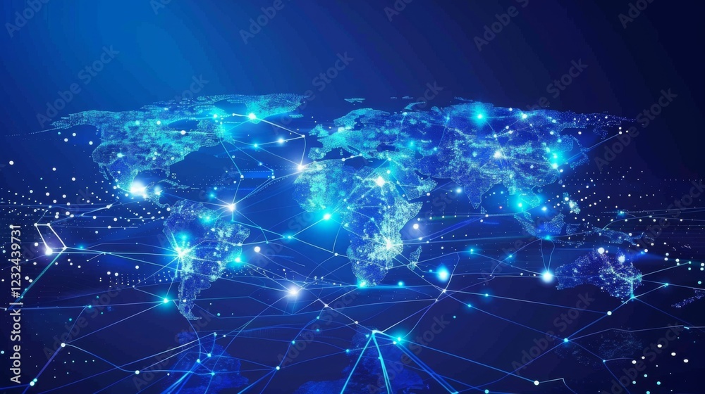 Fototapete Visualizes a detailed map of the world illuminated by vibrant connections, representing global networks of communication and interconnectivity during nighttime hours.