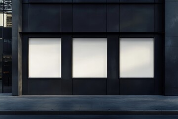 Three blank storefront posters on dark building exterior.