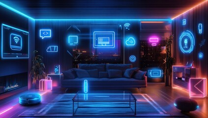 Futuristic Smart Home: Neon-Lit Living Room with Advanced Technology