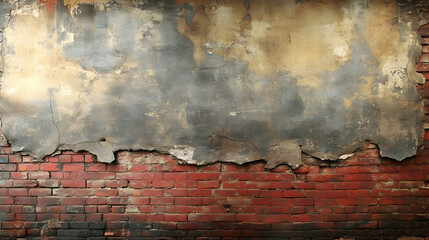 Obraz premium Old Damaged Wall Reveals Red Bricks Underneath Crumbling Plaster Texture