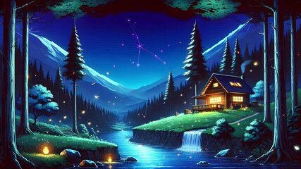 Cozy wooden cabin with glowing windows by a waterfall under a starry sky with constellations. Seamless looping time-lapse animation video background.  
 - Powered by Adobe