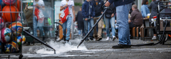 Street cleaning crew removes gum from pavement in busy urban area during daylight hours